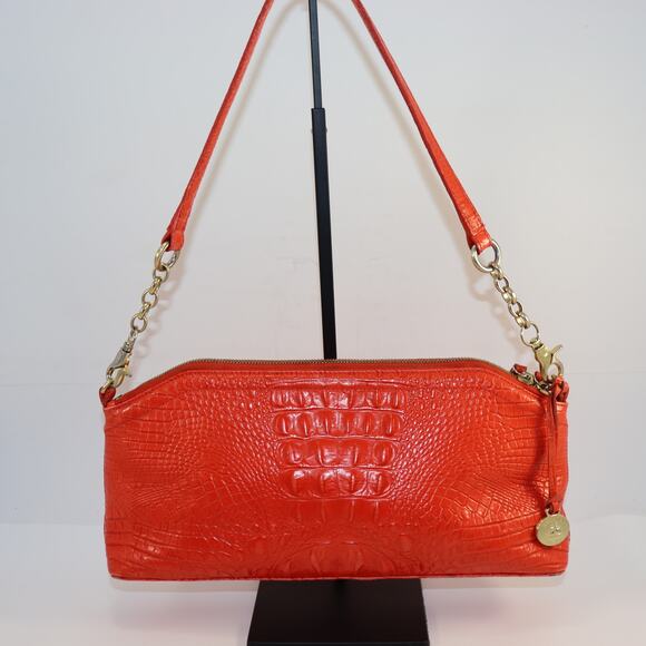Brahmin Orange Croc Embossed Leather Shoulder Bag Gold Chain Strap - Picture 1 of 7